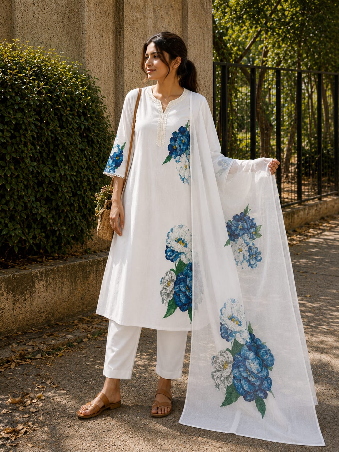 Model wearing cream lilan cotton floral printed suit set with dupatta
