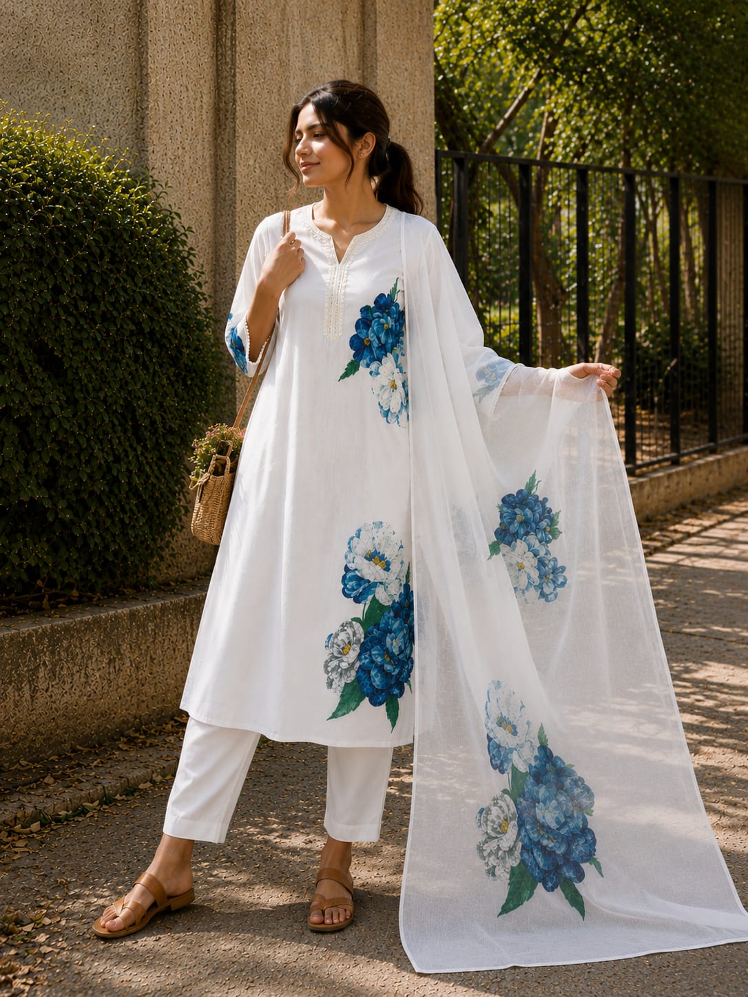 Model posing in cream lilan suit set with blue floral dupatta