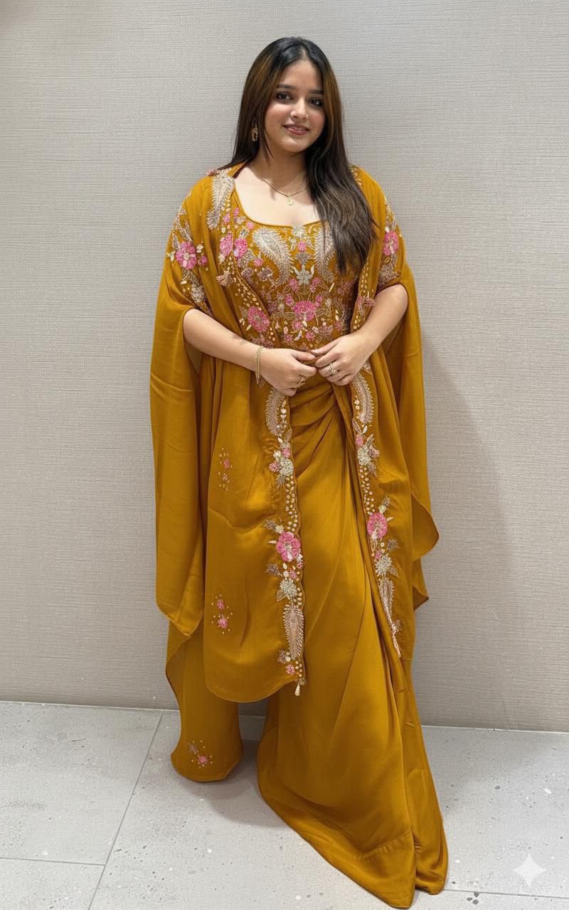 Indo-Western 3-Piece Shrug, Dhoti & Blouse Set - Rangoli Silk