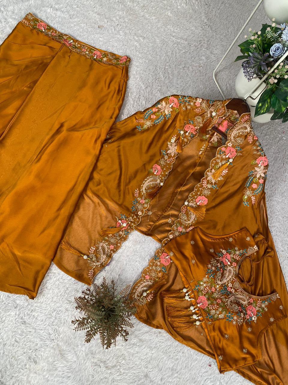 Indo-Western 3-Piece Shrug, Dhoti & Blouse Set - Rangoli Silk