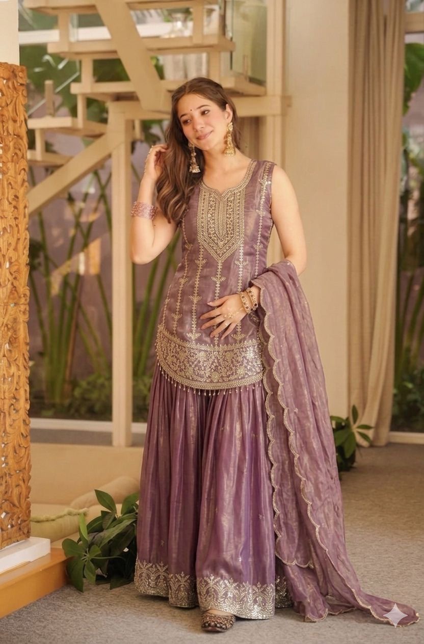 Flat lay of mauve fendi silk sharara and embroidered kurta with dupatta