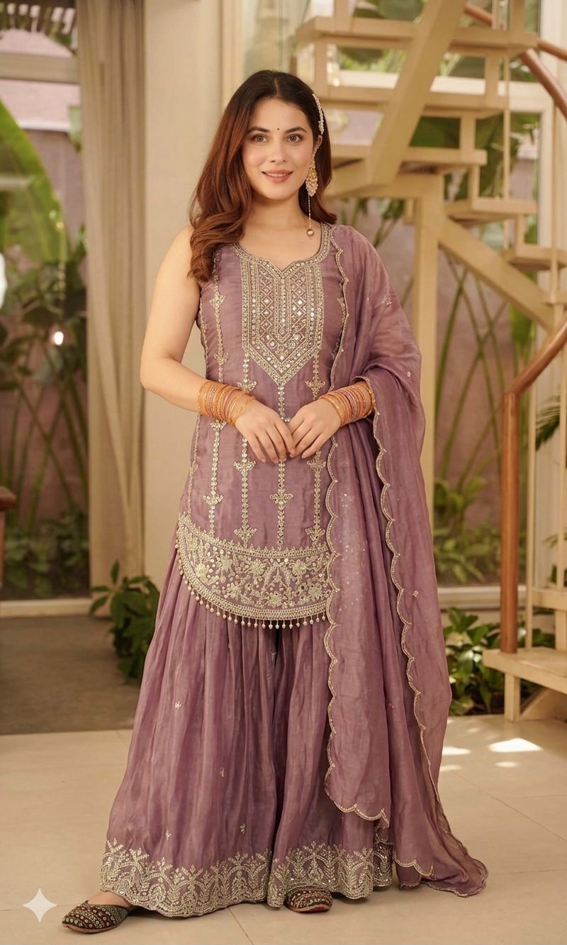 Flat lay of mauve fendi silk sharara and embroidered kurta top view