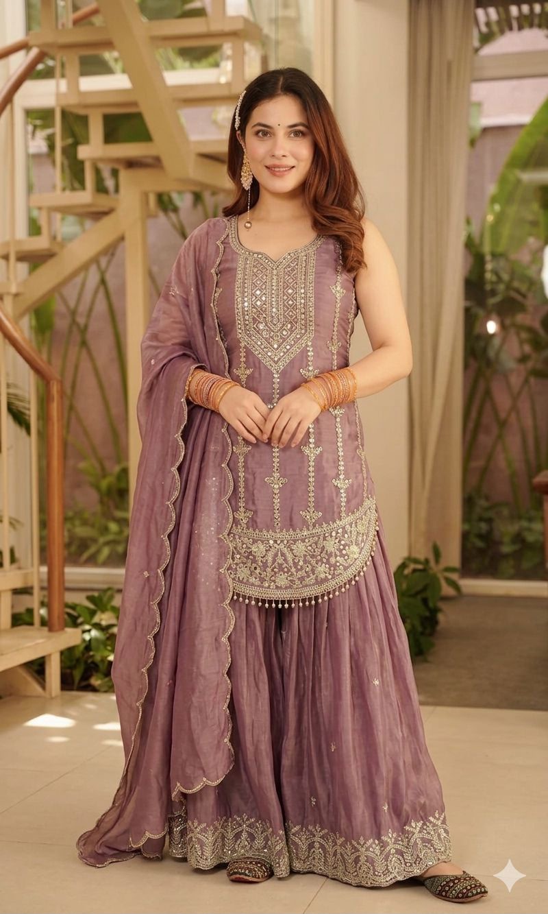 Model in mauve sequin embroidered suit set posing near staircase