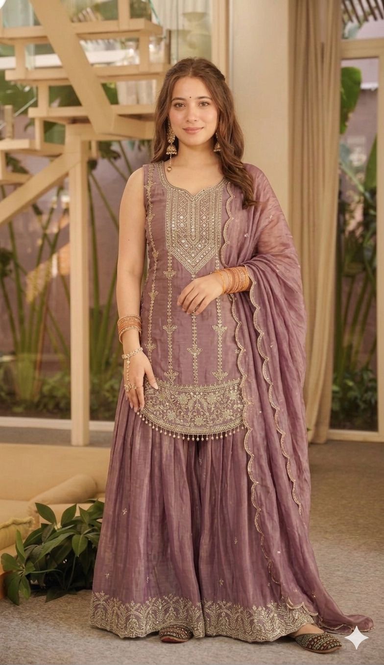 Flat lay of mauve kurta with full sequin embroidery detail and dupatta