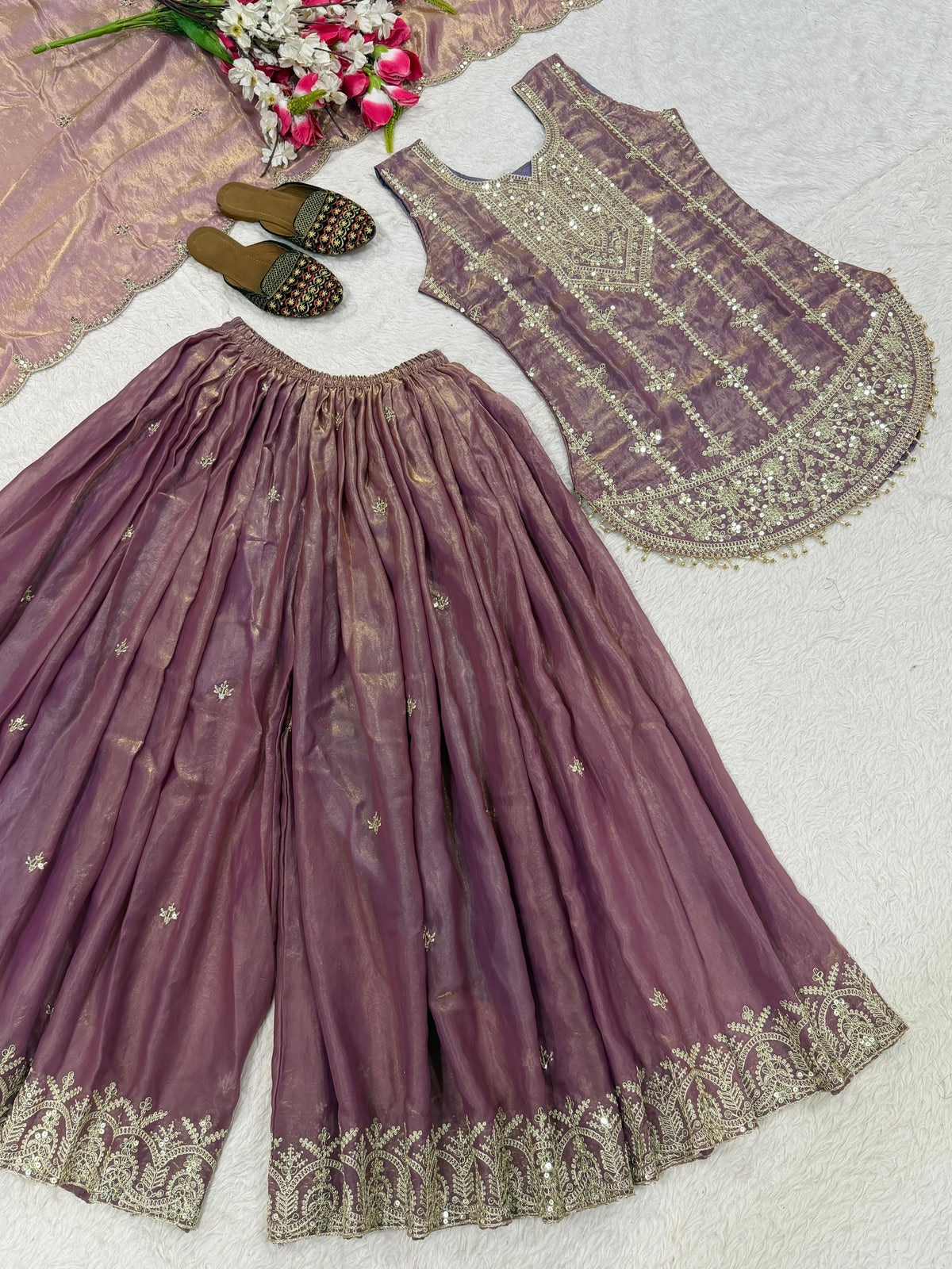 Flat lay of mauve fendi silk kurta showing complete embroidery pattern
