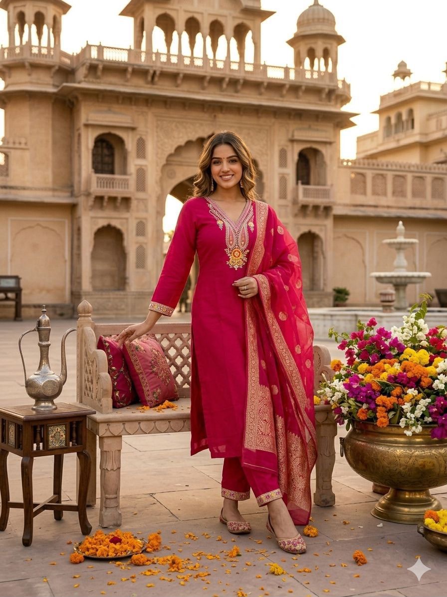 Model sitting in rani pink roman silk embroidered kurti pant dupatta set at palace