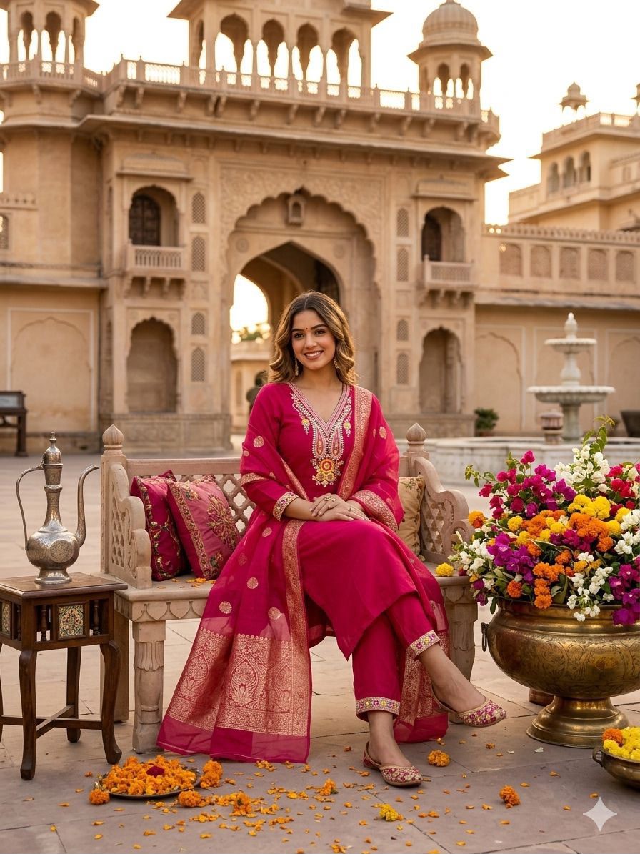 Model standing in rani pink embroidered suit set holding dupatta at palace