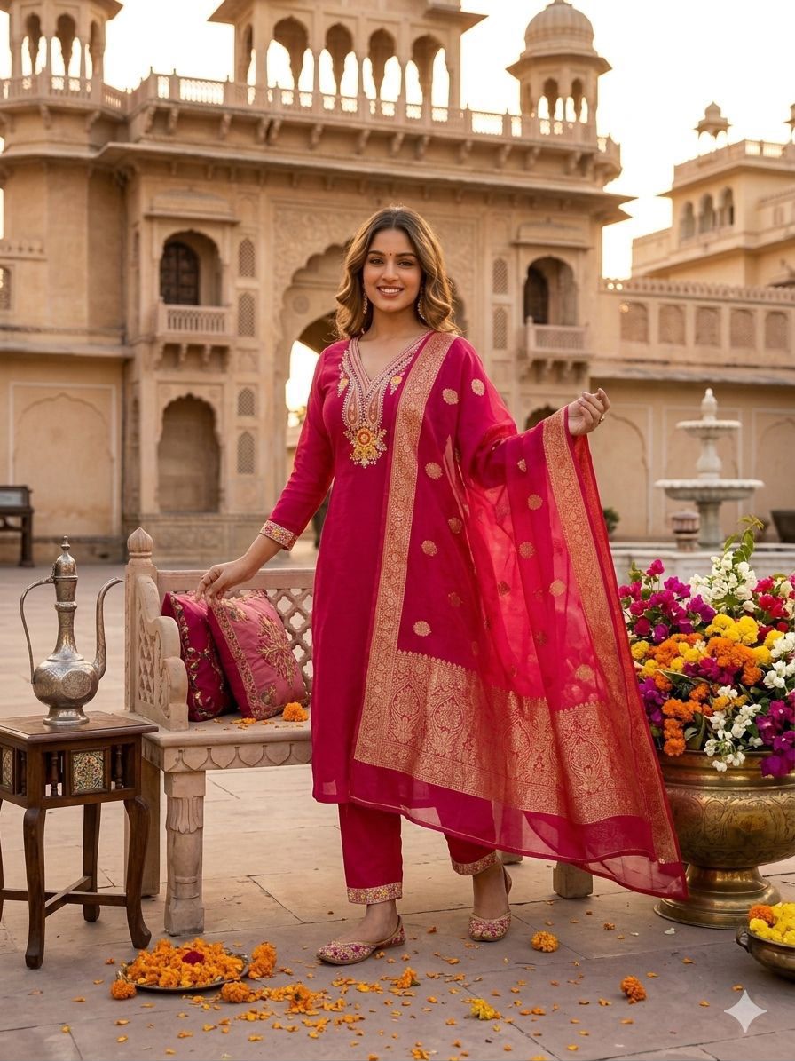 Collage of model wearing rani pink suit set and flat lay of embroidered kurti