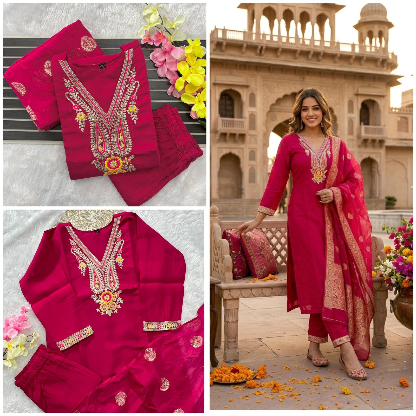 Flat lay of rani pink roman silk kurti pant and zari banarasi dupatta