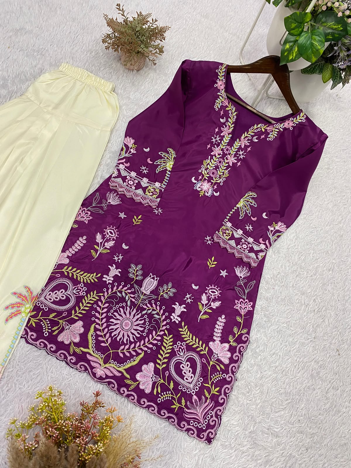 Designer Embroidery French Crepe Kurti with Salwar Co-ord Set