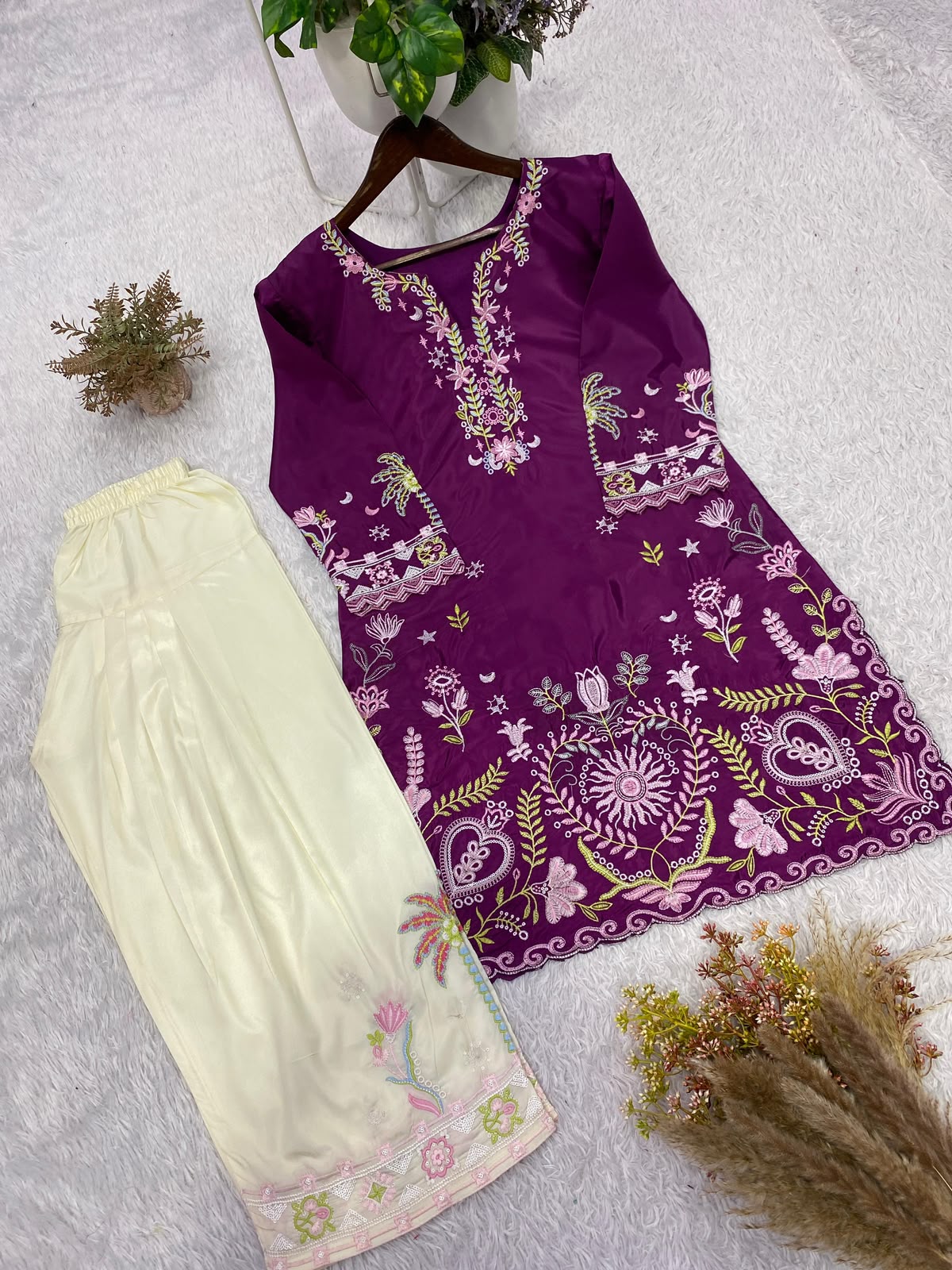 Designer Embroidery French Crepe Kurti with Salwar Co-ord Set