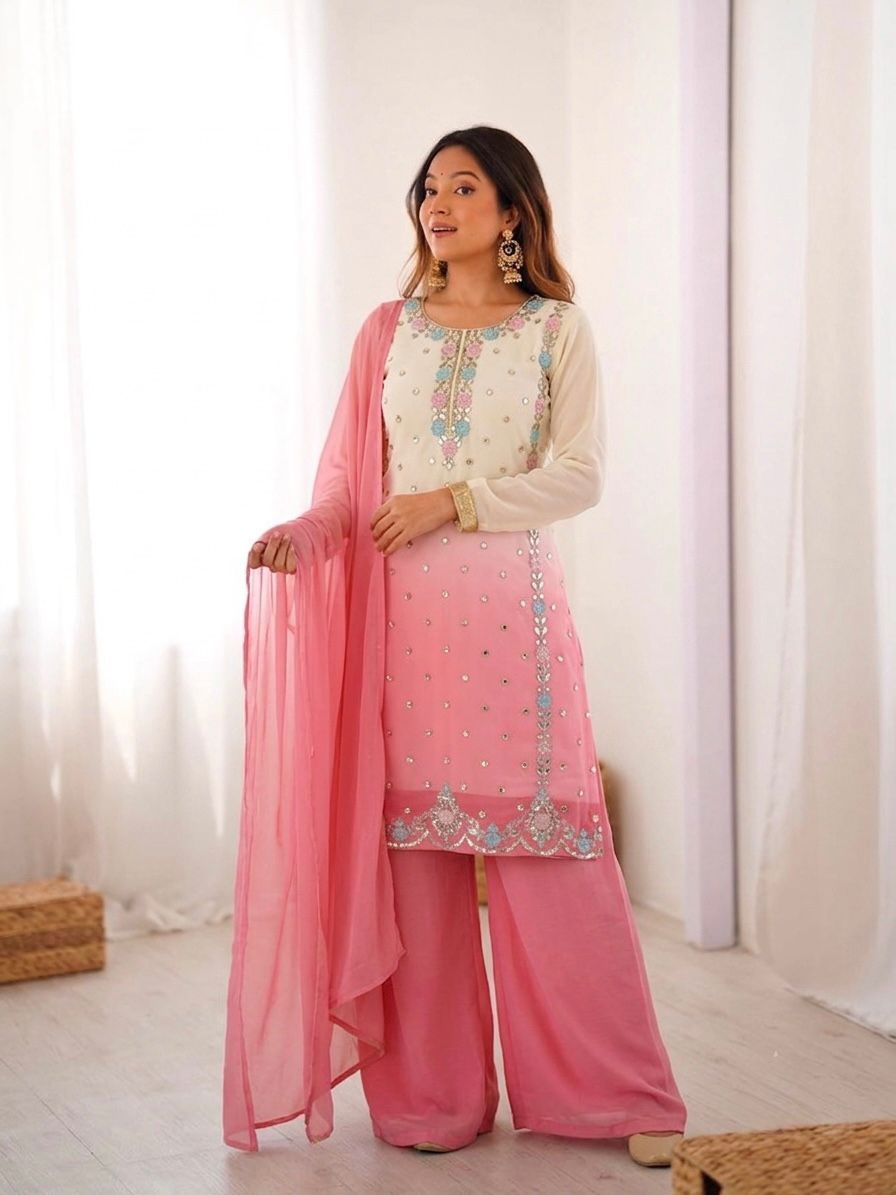 Model wearing lavender ombre faux georgette embroidery sequence suit set with palazzo