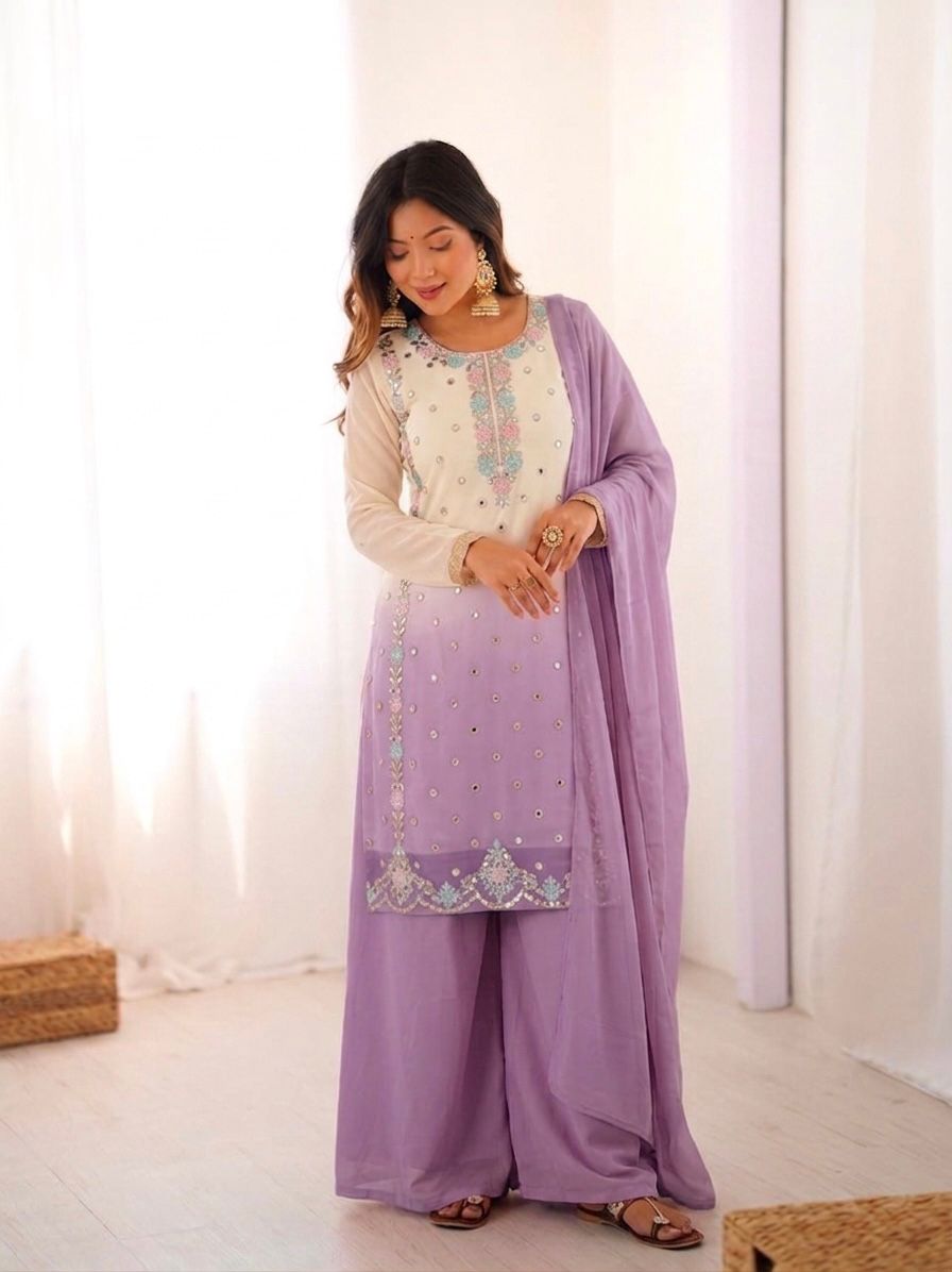 Collage of model wearing lavender pink and orange ombre suit sets showing all three colour options