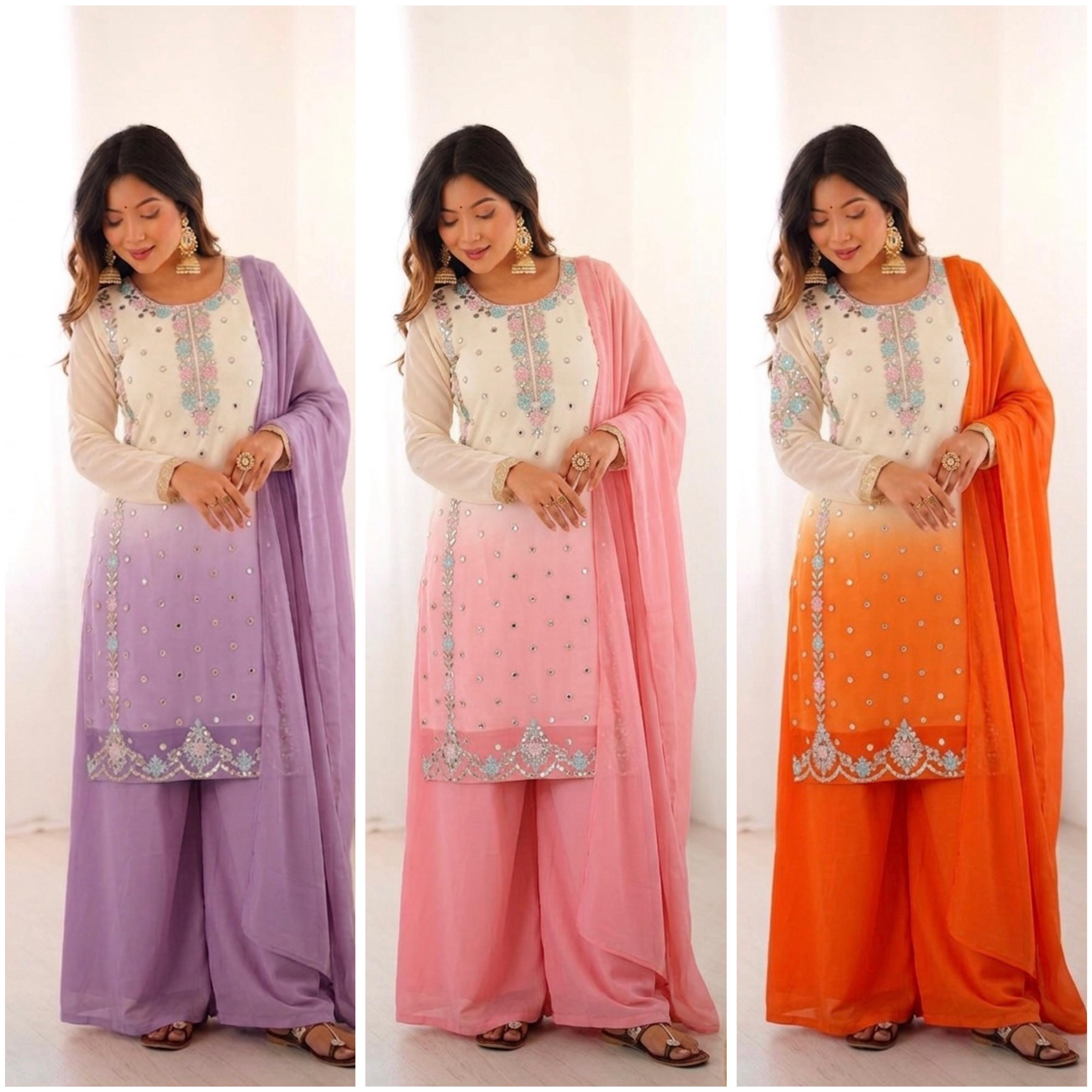 Close-up flat lay of ombre kurta neckline showing embroidery detail and tassel trim