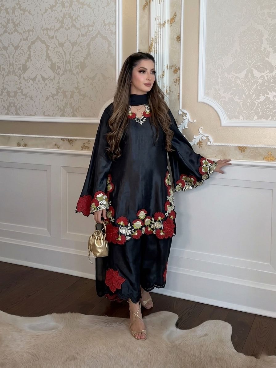Close-up flat lay of black roman glass kurta showing full embroidery multi work and floral border