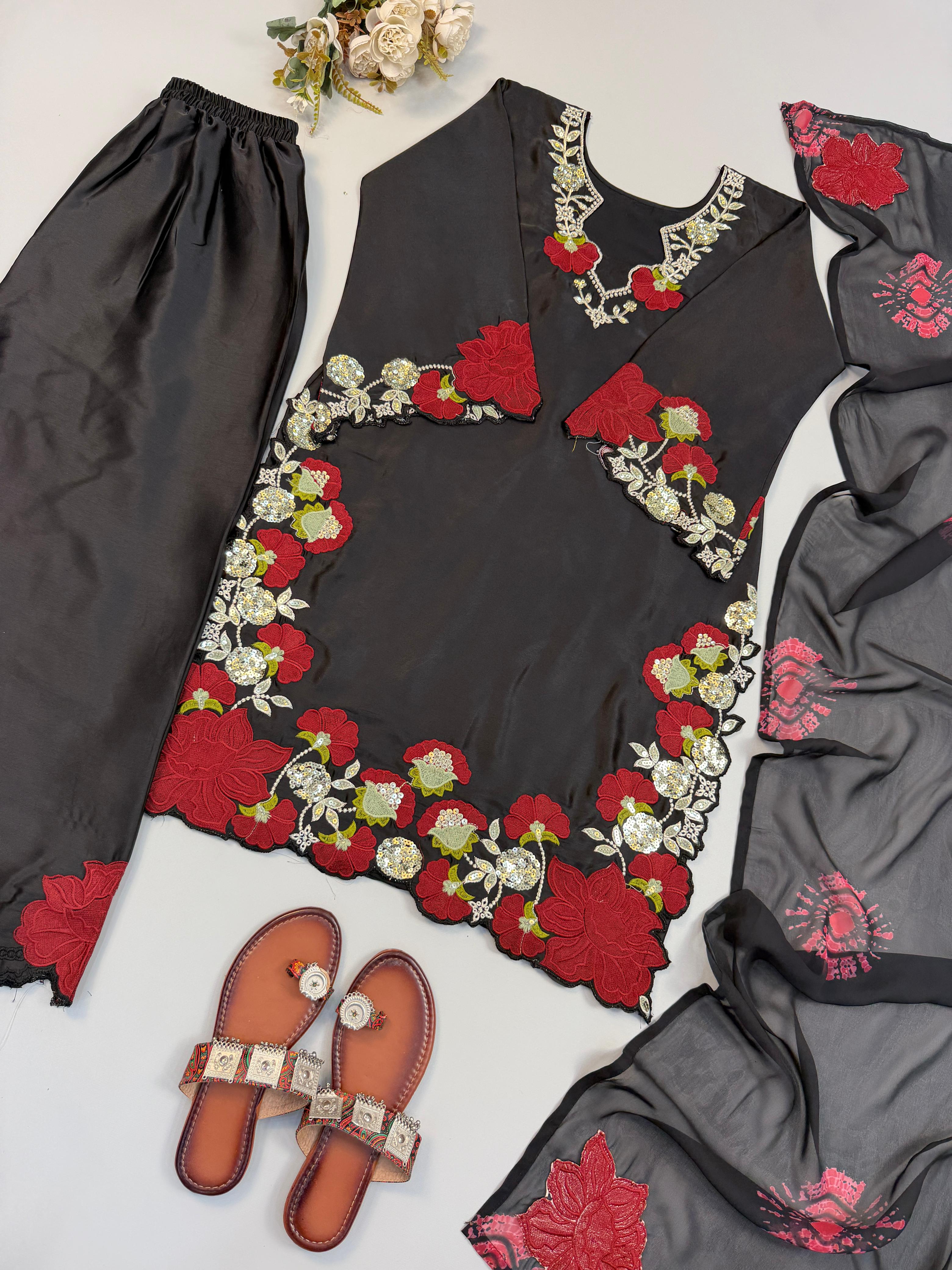 Roman Glass Embroidery & Sequence Multi Work Top, Pant & Dupatta Set