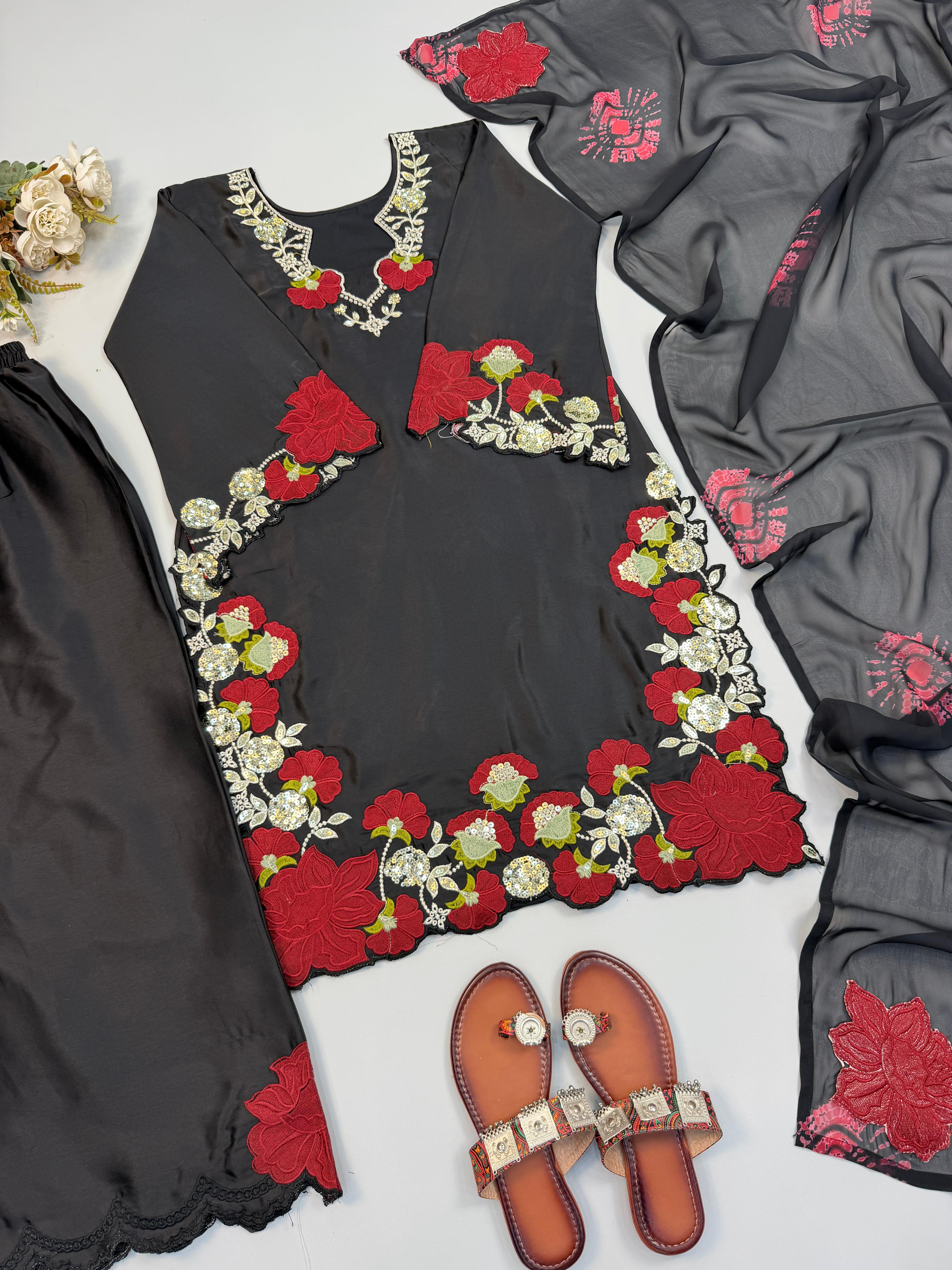 Flat lay of blush pink roman glass suit set with pant and dupatta top view