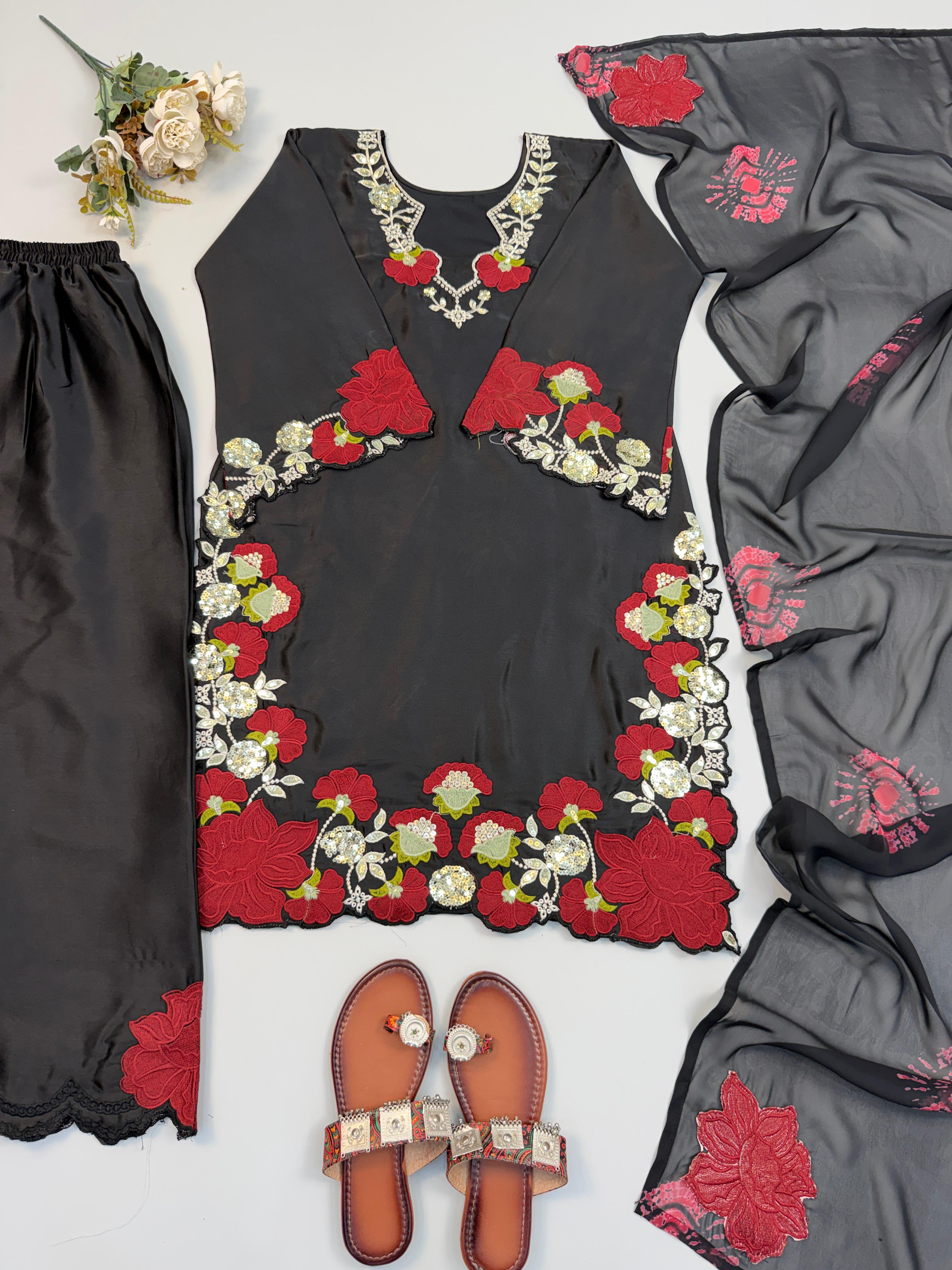 Roman Glass Embroidery & Sequence Multi Work Top, Pant & Dupatta Set