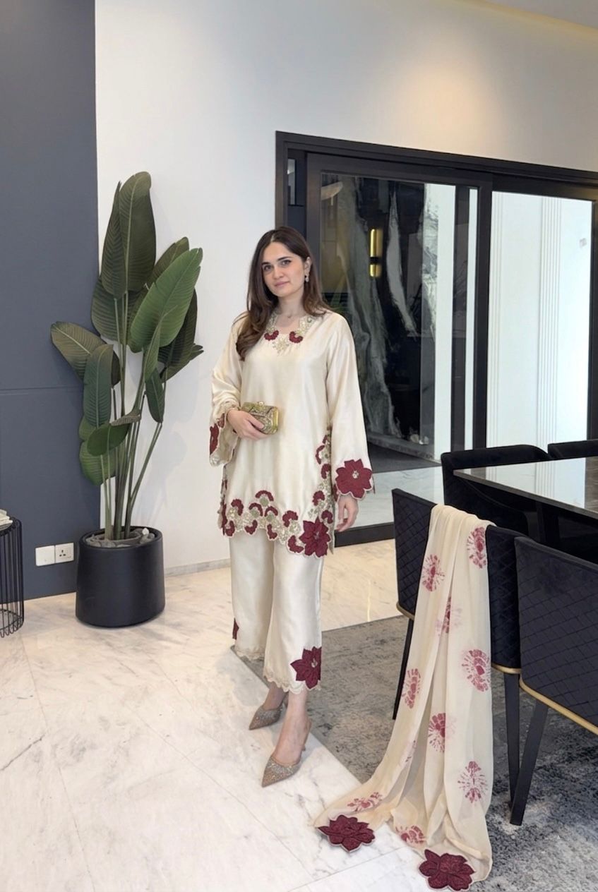 Roman Glass Embroidery & Sequence Multi Work Top, Pant & Dupatta Set
