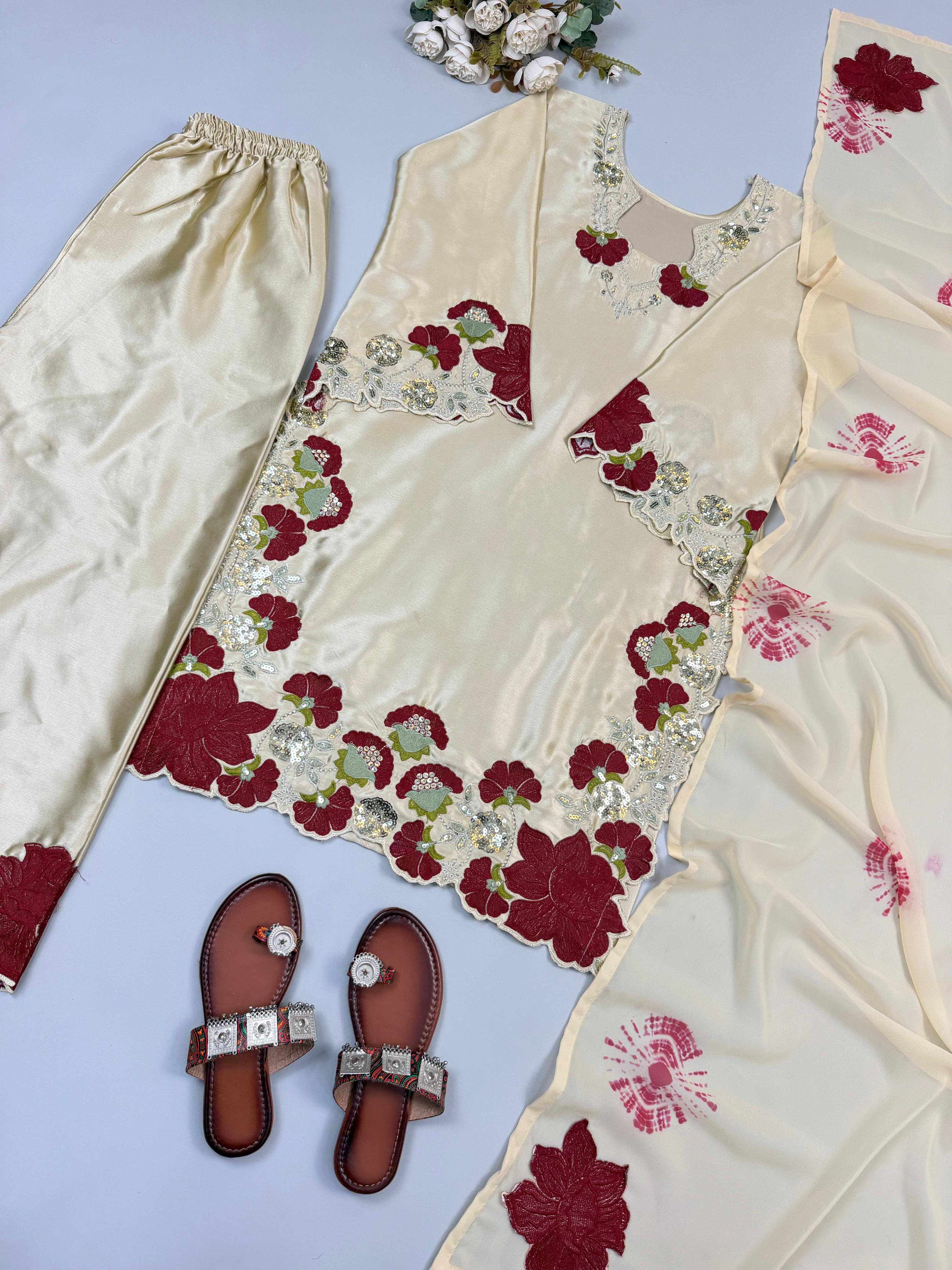 Roman Glass Embroidery & Sequence Multi Work Top, Pant & Dupatta Set