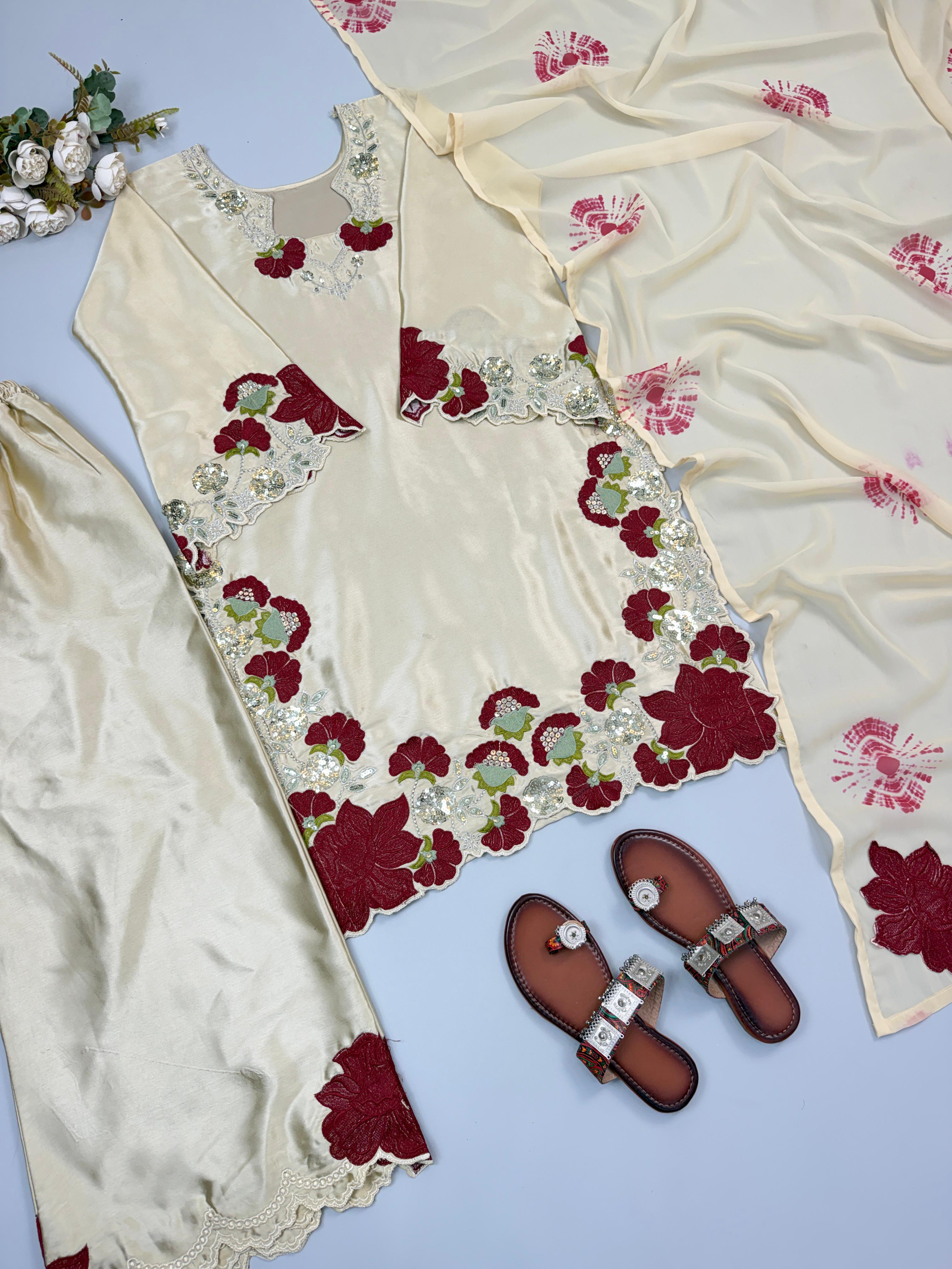 Roman Glass Embroidery & Sequence Multi Work Top, Pant & Dupatta Set