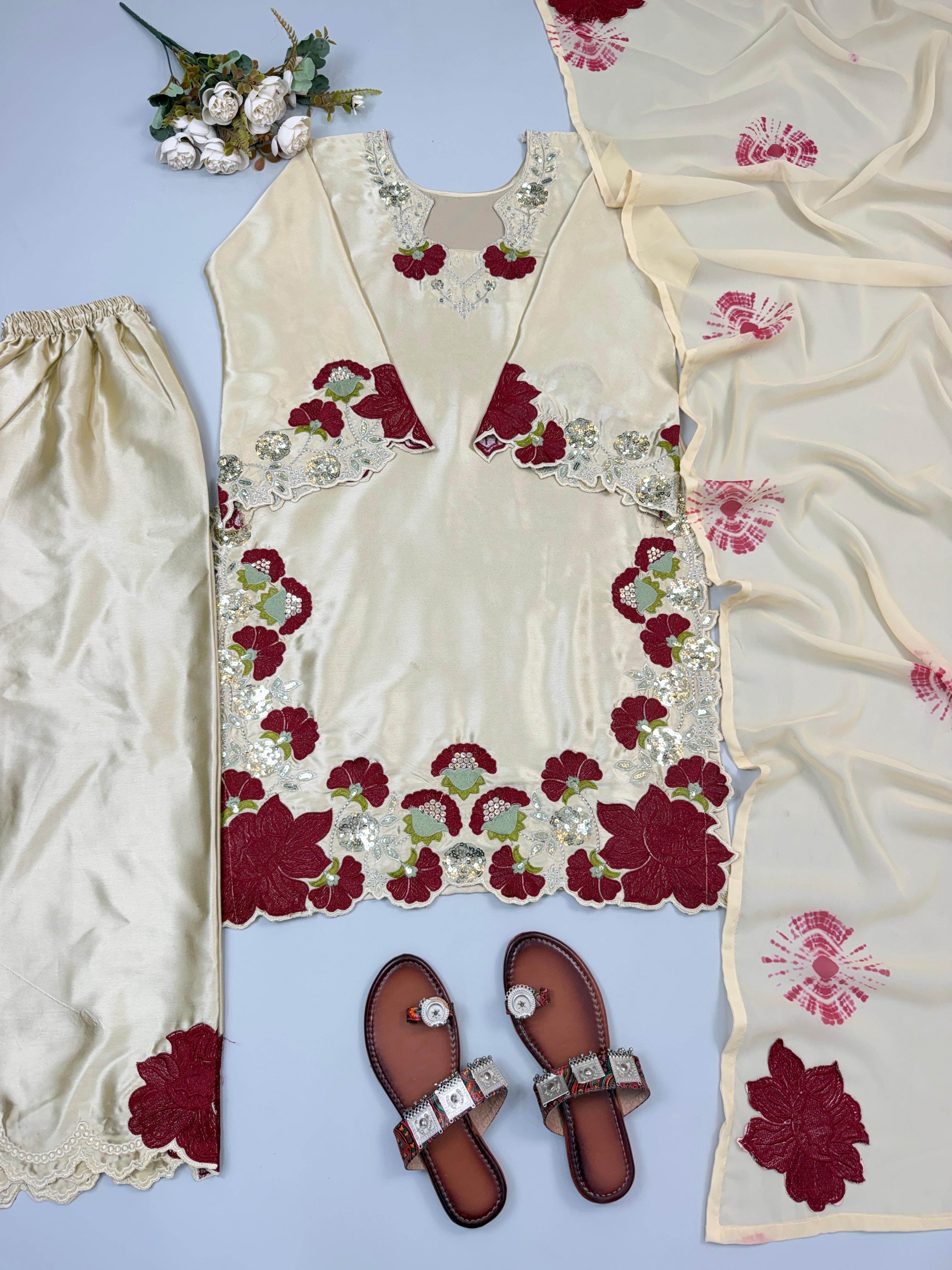 Flat lay of blush pink roman glass embroidery suit set with fox georgette dupatta and pant