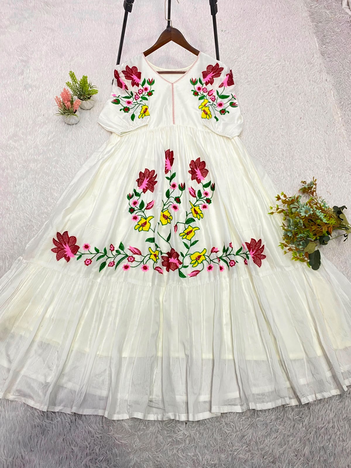 Summer Floral Embroidery Rayon Maxi Gown