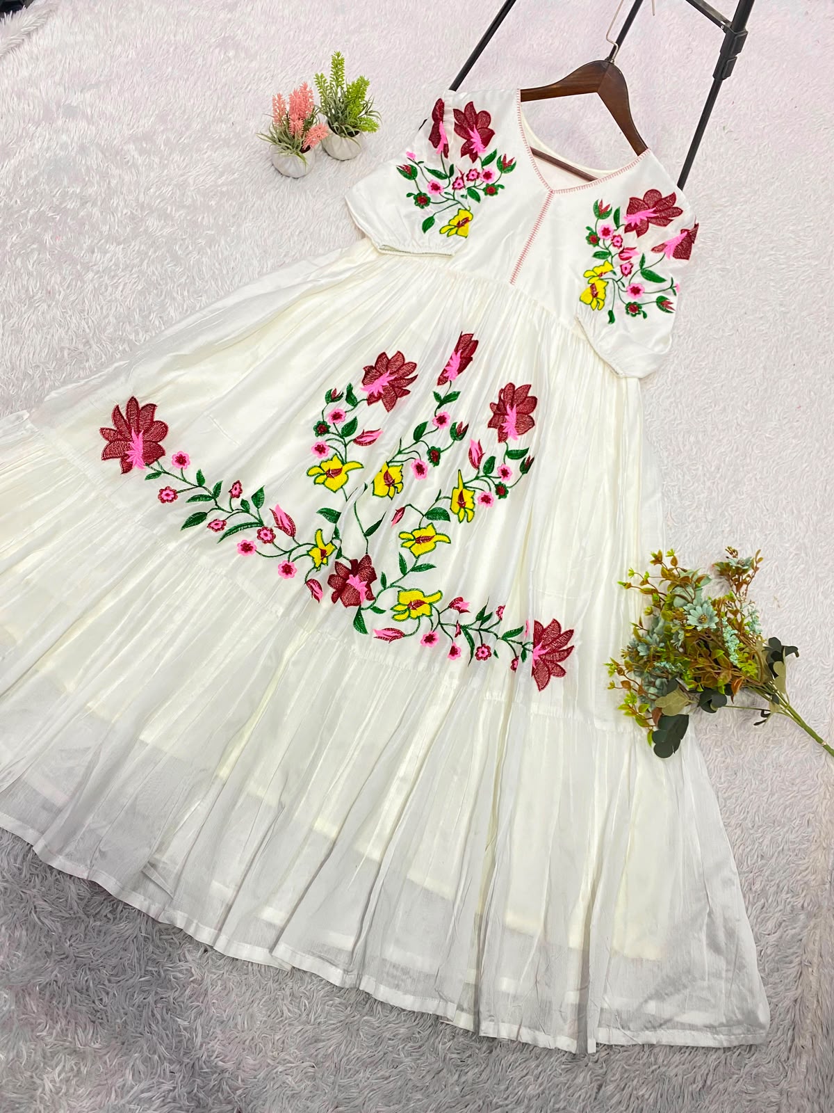 Summer Floral Embroidery Rayon Maxi Gown