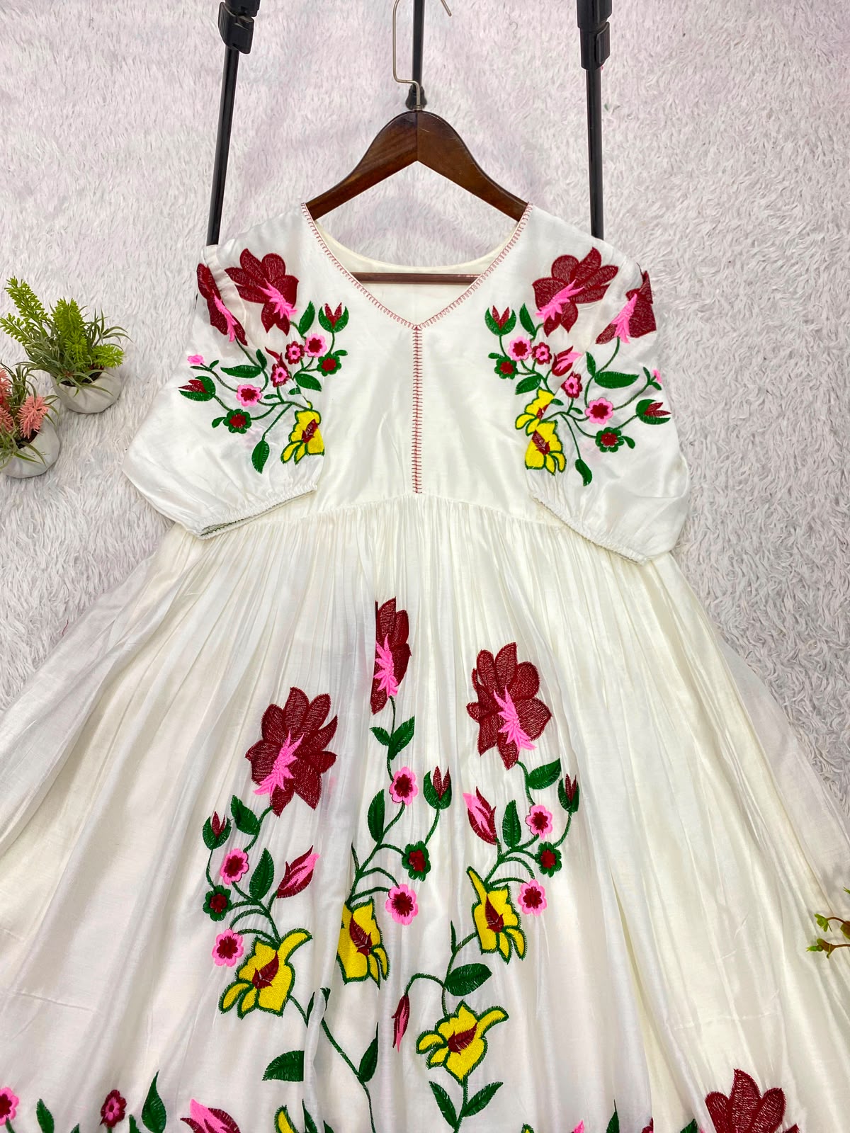 Summer Floral Embroidery Rayon Maxi Gown