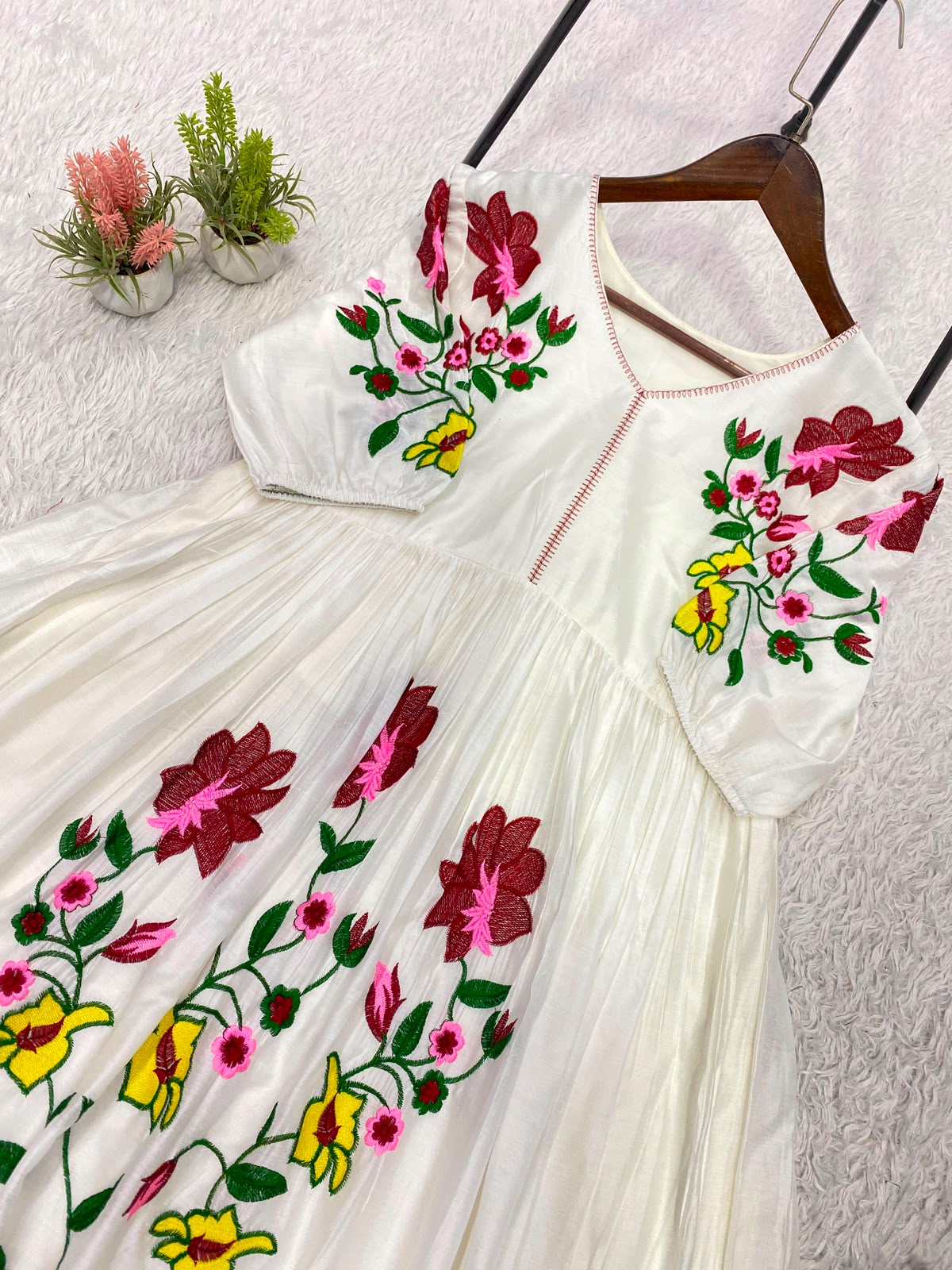 Summer Floral Embroidery Rayon Maxi Gown