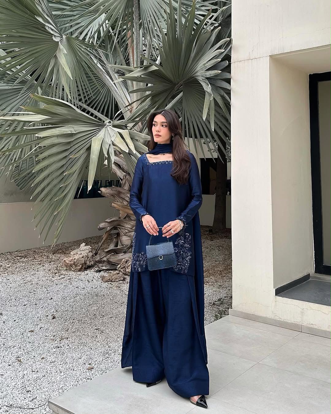 SW219 Navy Blue Crep Silk Set - Front View