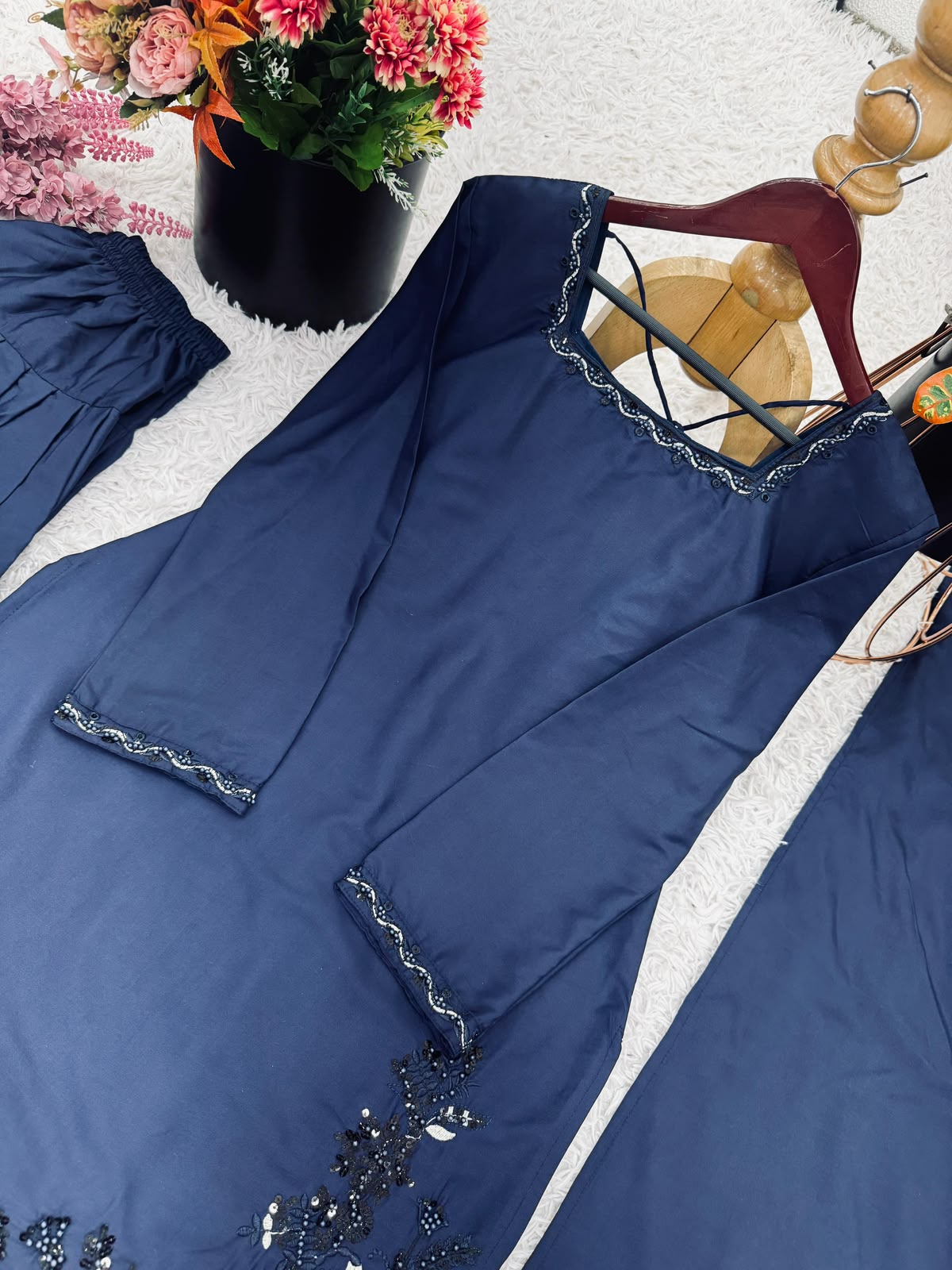 SW219 Navy Blue Crep Silk Set - Back View