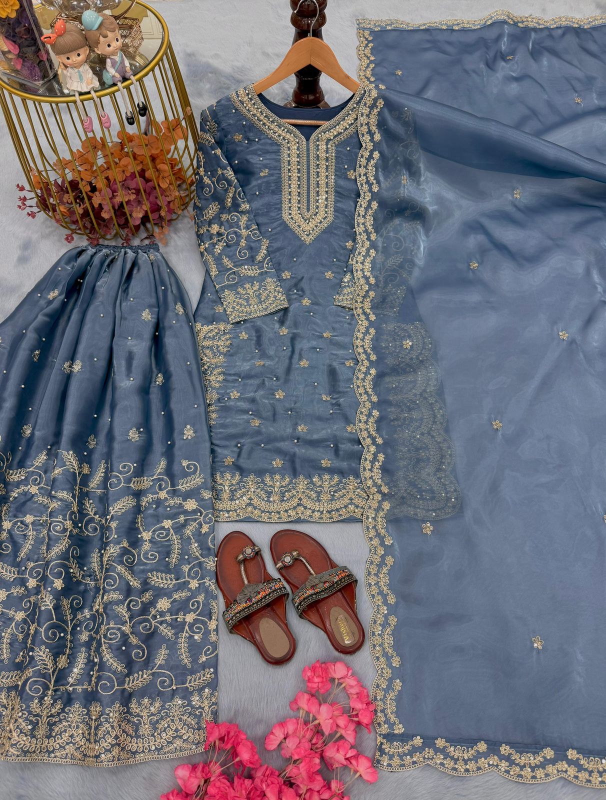 GMY Silk Embroidered Designer Party Wear Top, Plazzo & Dupatta Set