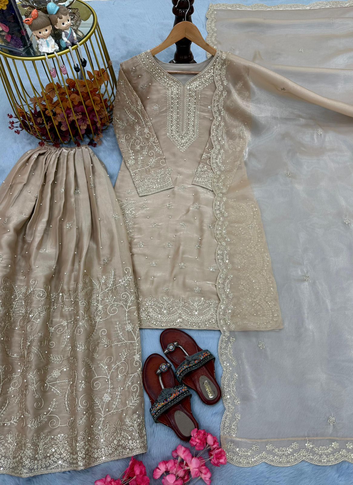 GMY Silk Embroidered Designer Party Wear Top, Plazzo & Dupatta Set
