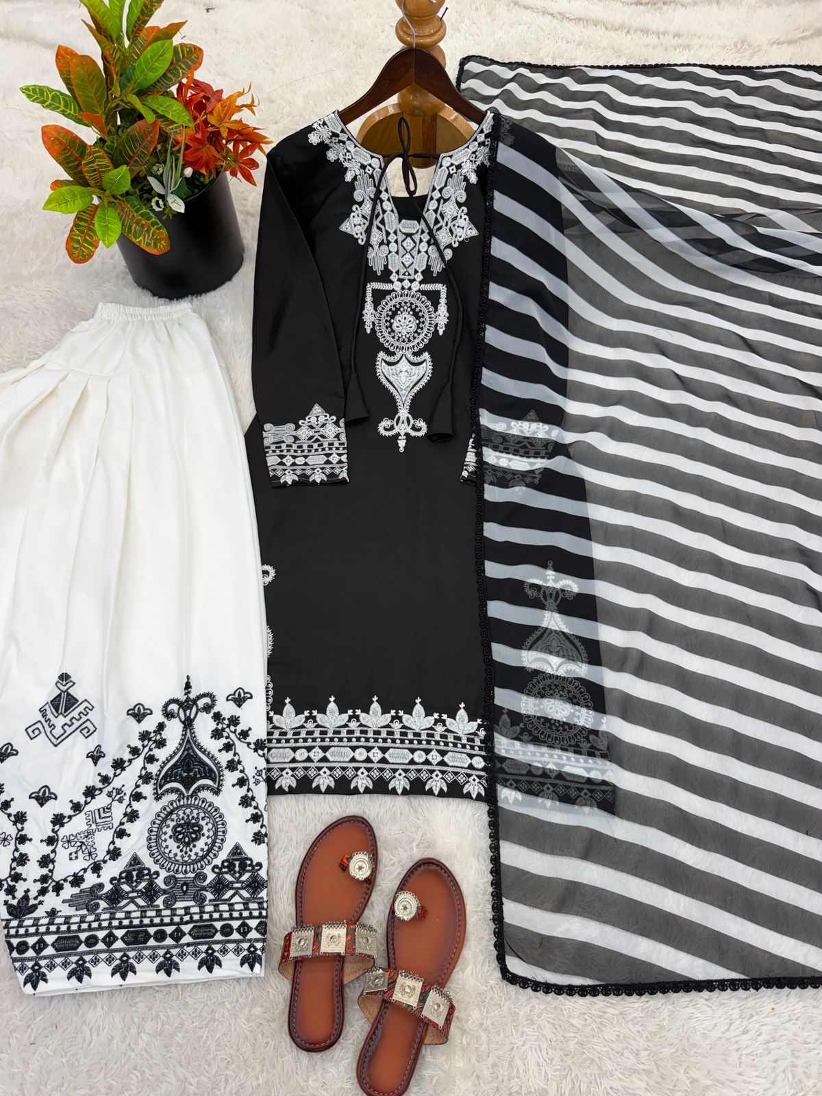 Designer Crepe Silk Embroidery Kurti with Farshi Salwar & Dupatta Set