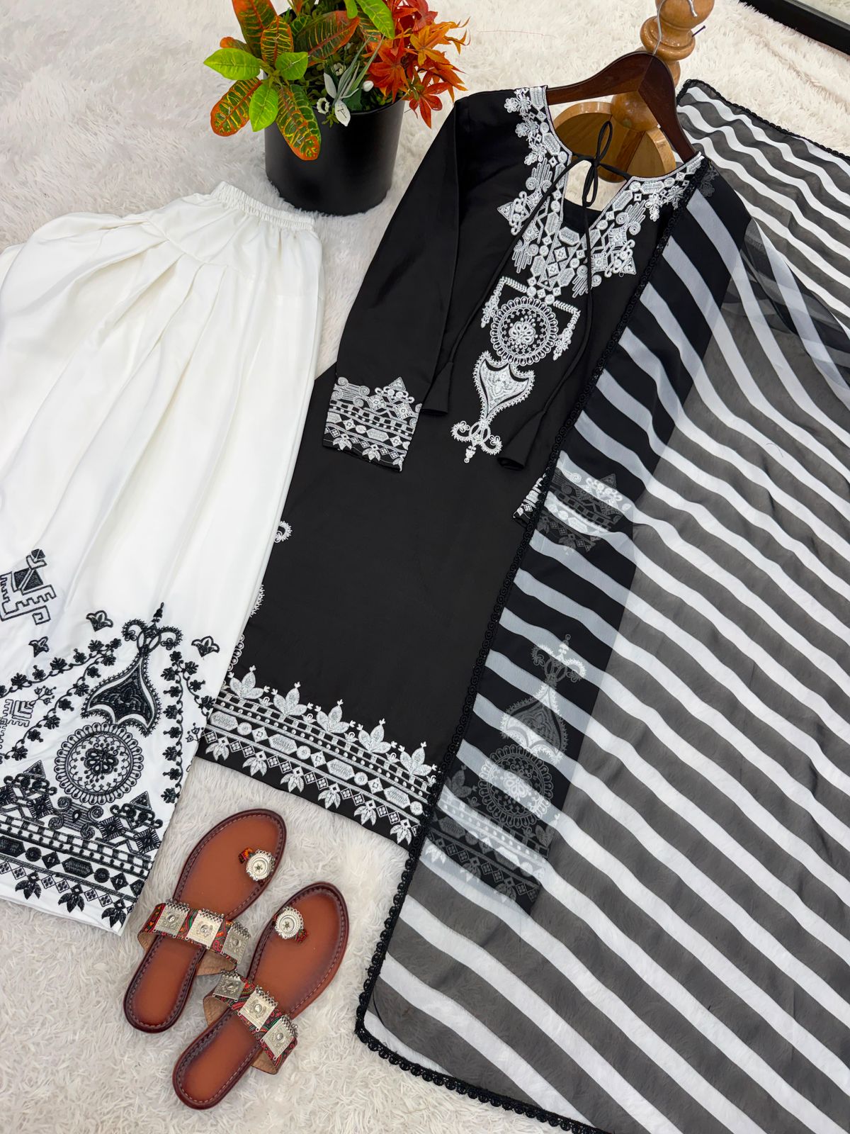 Designer Crepe Silk Embroidery Kurti with Farshi Salwar & Dupatta Set