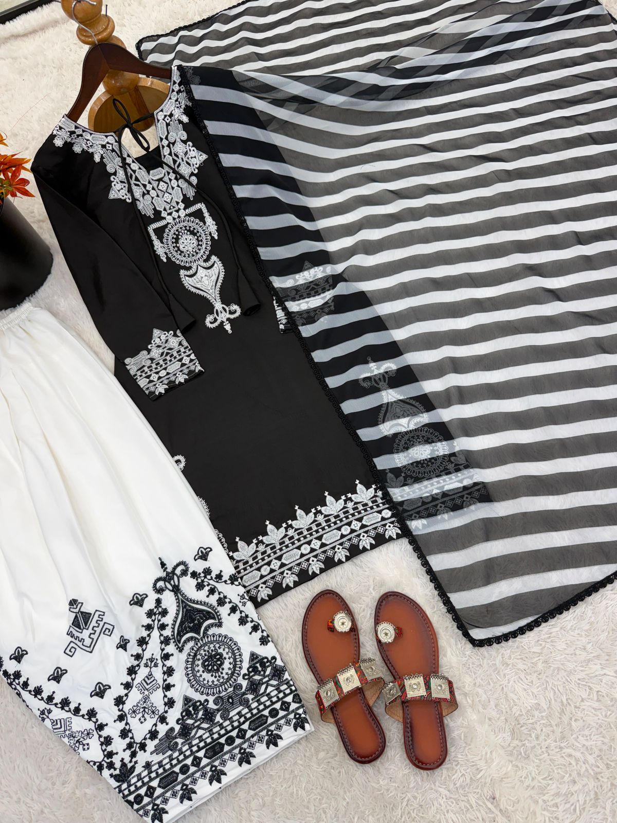Designer Crepe Silk Embroidery Kurti with Farshi Salwar & Dupatta Set