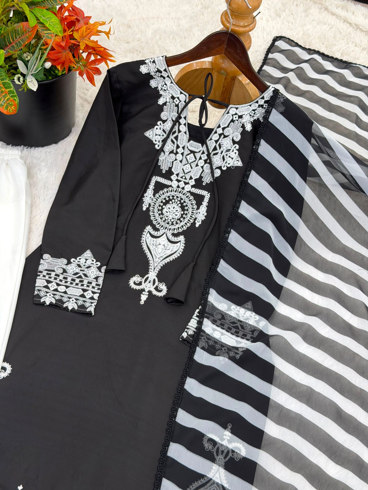Designer Crepe Silk Embroidery Kurti with Farshi Salwar & Dupatta Set