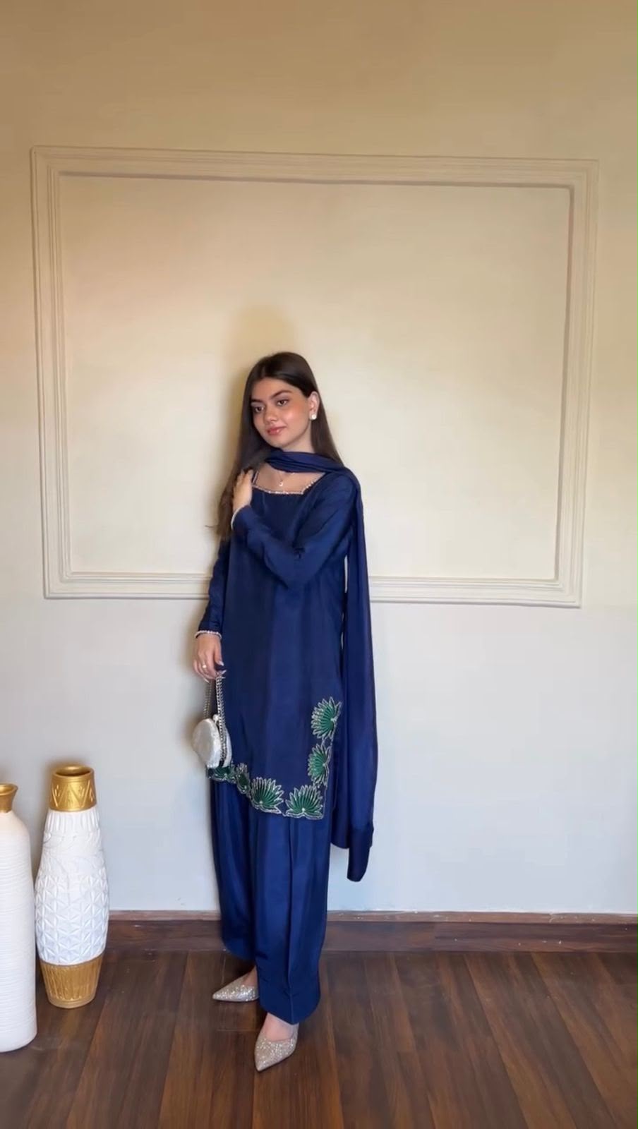 SW222 Royal Blue American Silk Farshi Plazzo Set - Flat Lay with Accessories