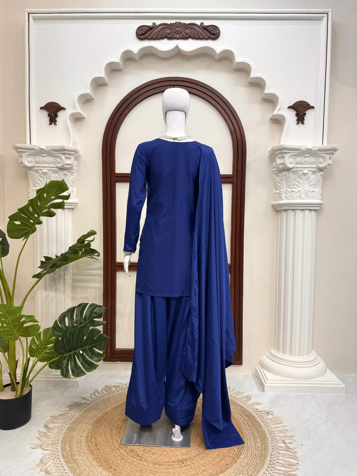 SW222 Royal Blue American Silk Farshi Plazzo Set - Flat Lay 2