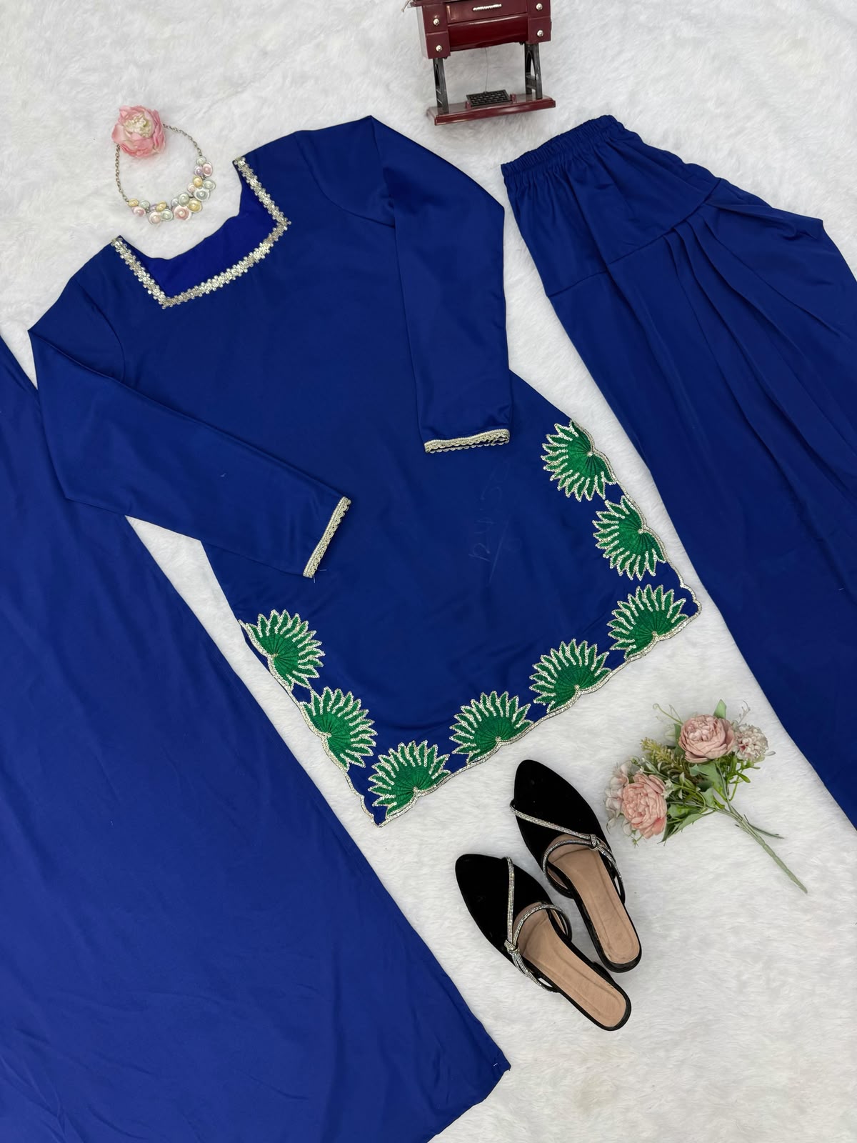 SW222 Royal Blue American Silk Farshi Plazzo Set - Flat Lay with Dupatta