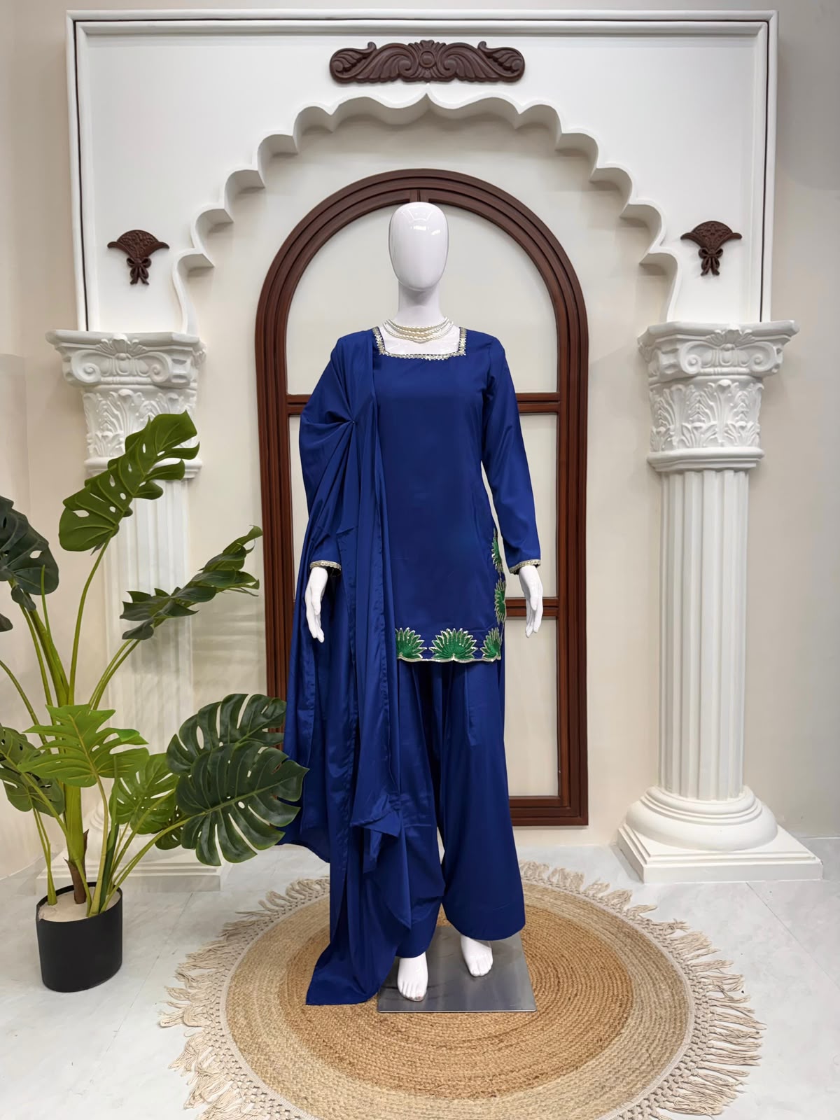 SW222 Royal Blue American Silk Farshi Plazzo Set - Embroidery Close-up