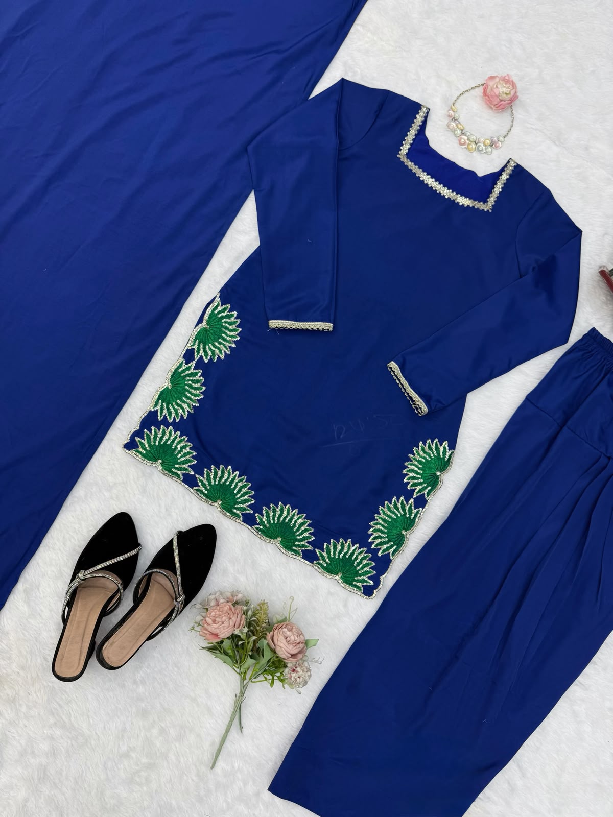 SW222 Royal Blue American Silk Farshi Plazzo Set - Model Side View