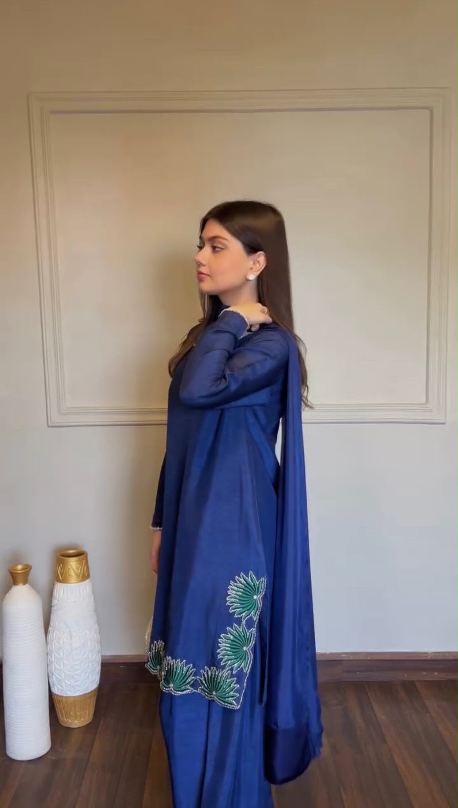 SW222 Royal Blue American Silk Farshi Plazzo Set - Full Set Flat Lay