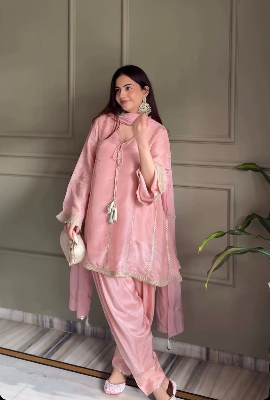 SW224 Pink Gimmy Silk Farshi Salwar Set - Model Side View