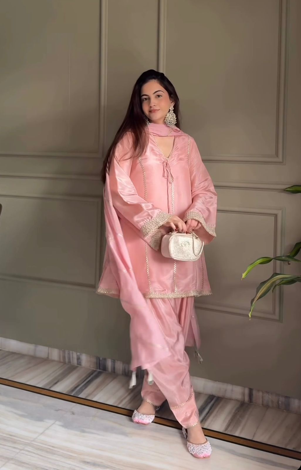 SW224 Pink Gimmy Silk Farshi Salwar Set - Flat Lay Front