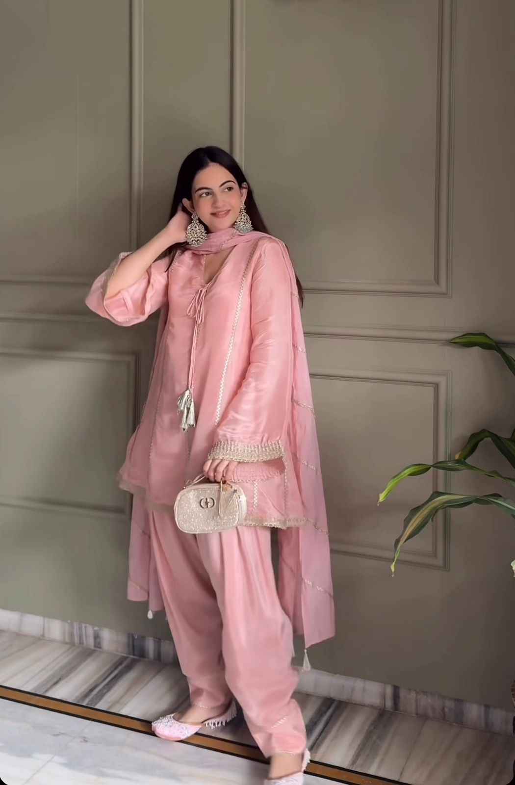 SW224 Pink Gimmy Silk Farshi Salwar Set - Model Front View