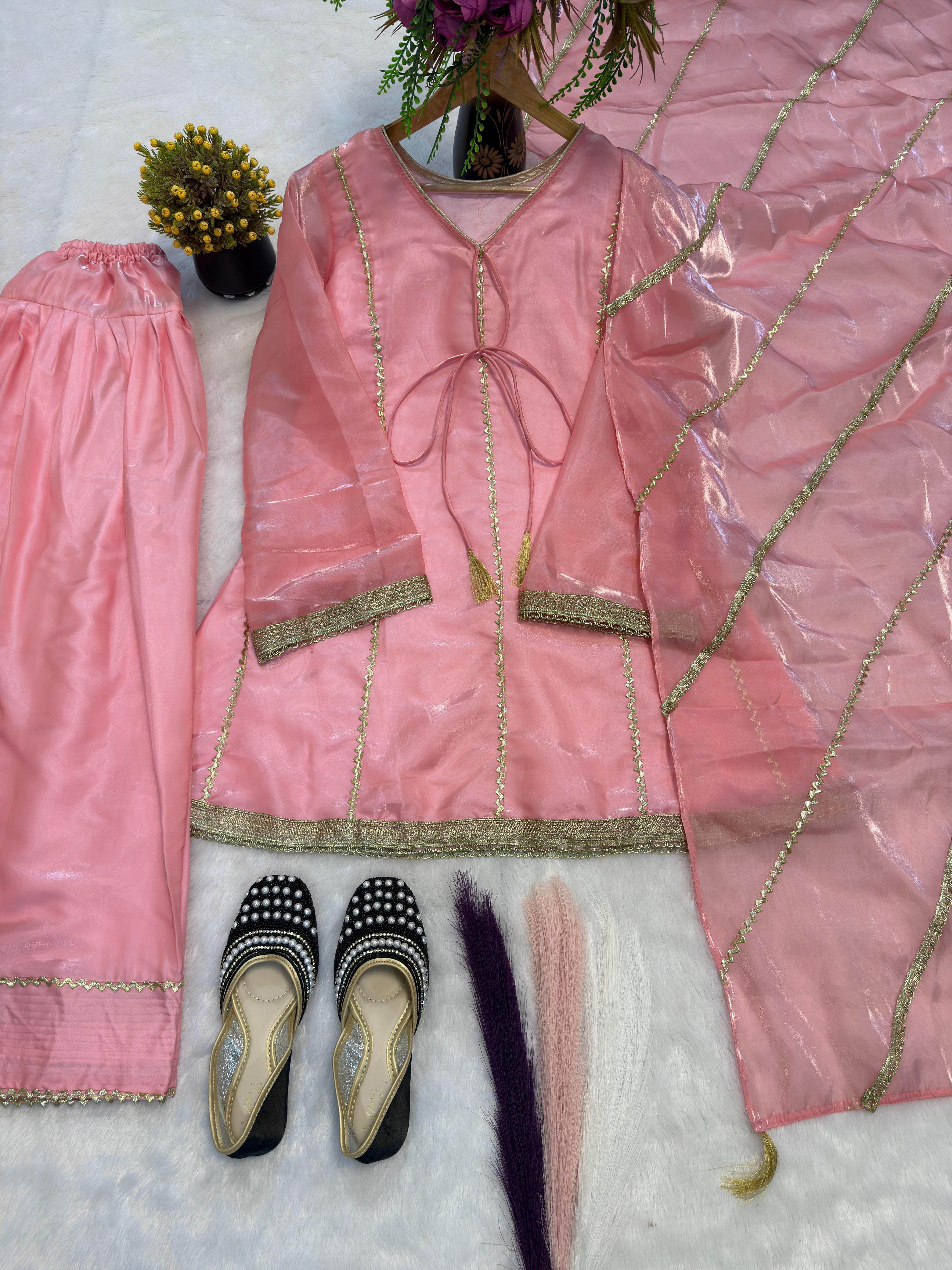 SW224 Pink Gimmy Silk Farshi Salwar Set - Flat Lay Close-up