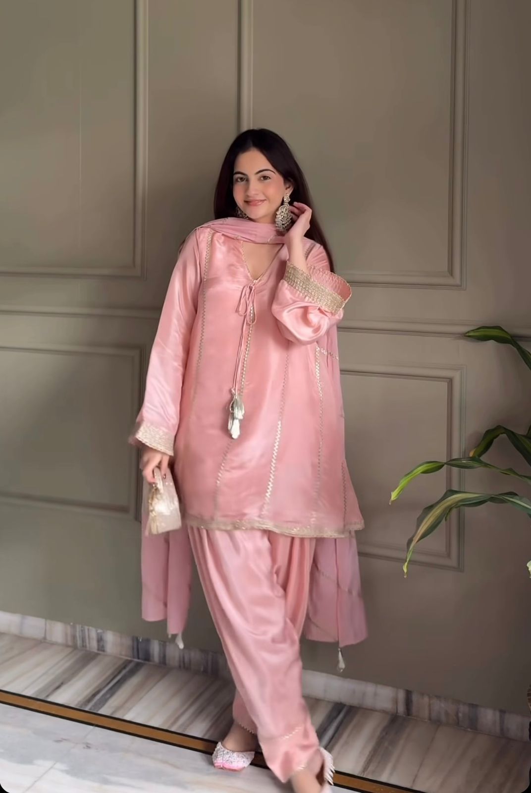 SW224 Pink Gimmy Silk Farshi Salwar Set - Flat Lay Full Set