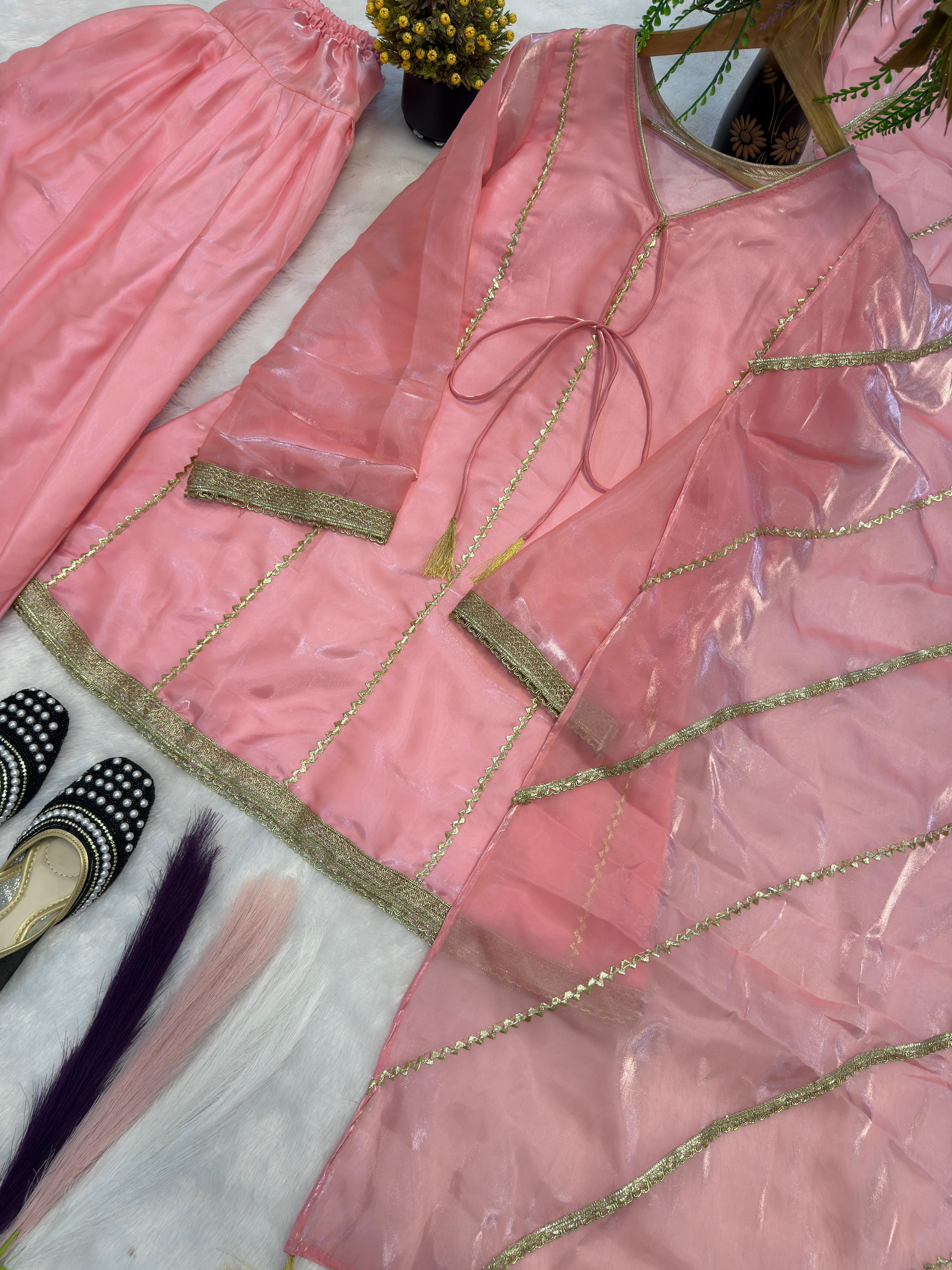SW224 Pink Gimmy Silk Farshi Salwar Set - Flat Lay Back